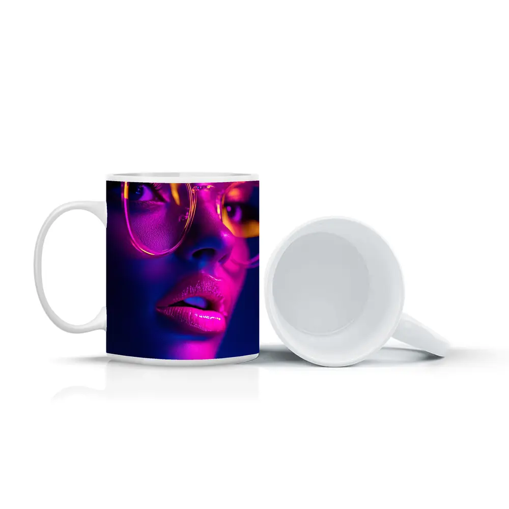 Neon Woman Portrait Pink Purple Blue Light – Mugs