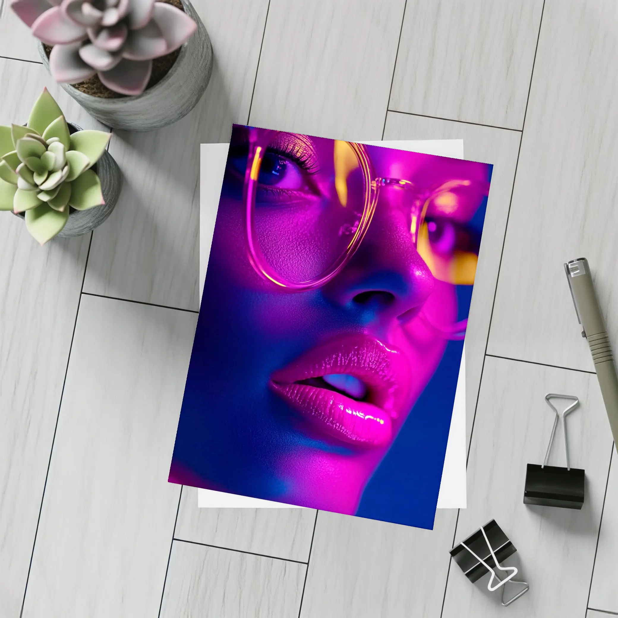 Neon Woman Portrait Pink Purple Blue Light – Postcards
