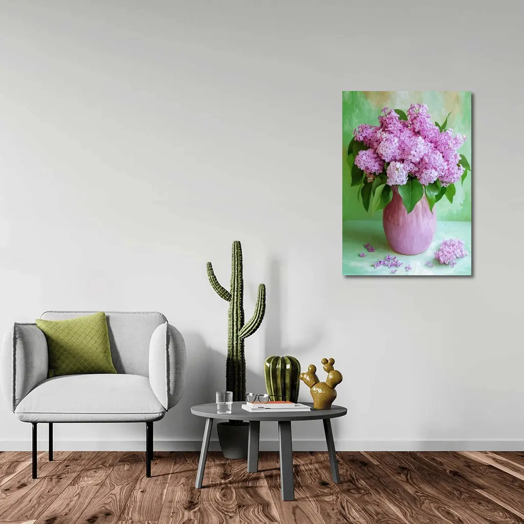 Pink Lilacs In Vase Green Background – Wall Art