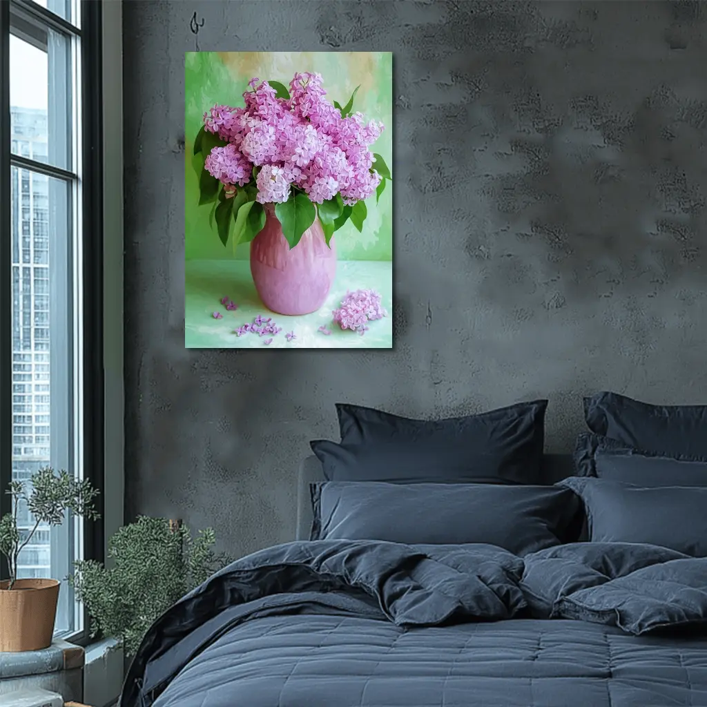 Pink Lilacs In Vase Green Background – Wall Art
