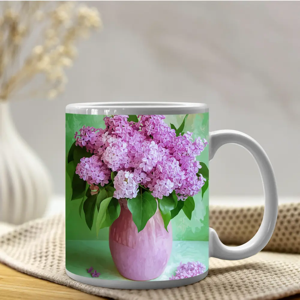 Pink Lilacs In Vase Green Background – Mugs