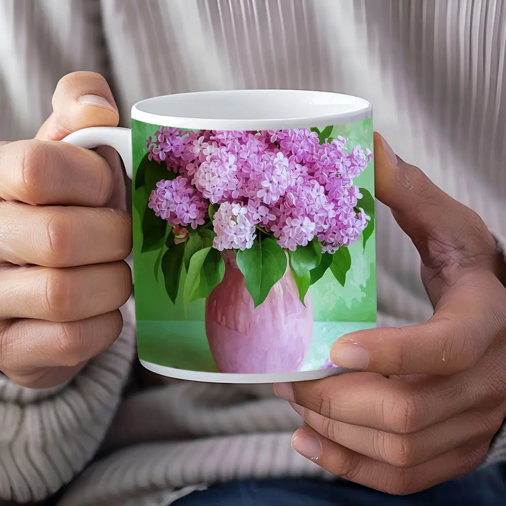 Pink Lilacs In Vase Green Background – Mugs