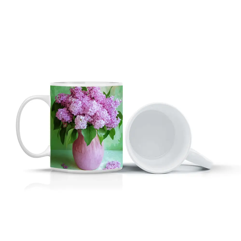 Pink Lilacs In Vase Green Background – Mugs