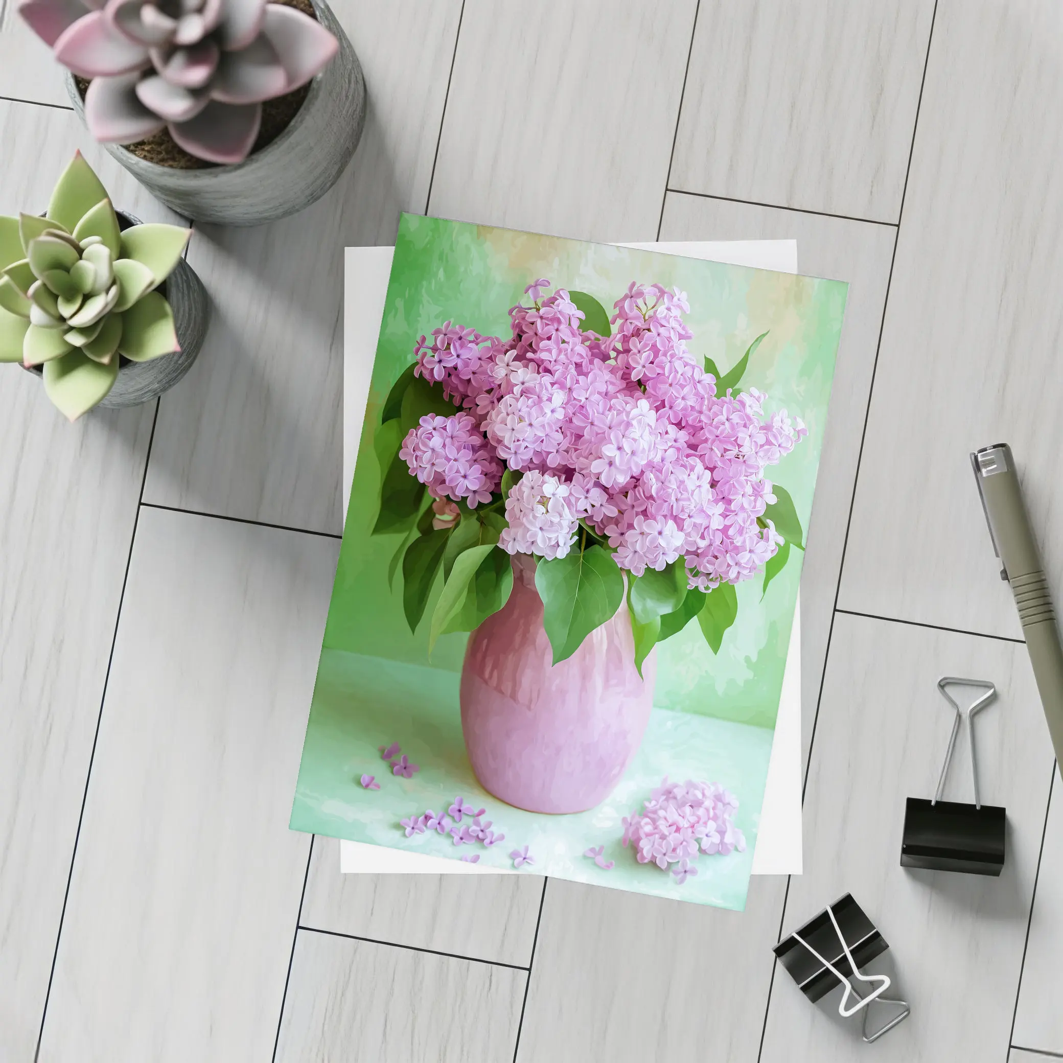 Pink Lilacs In Vase Green Background – Postcards