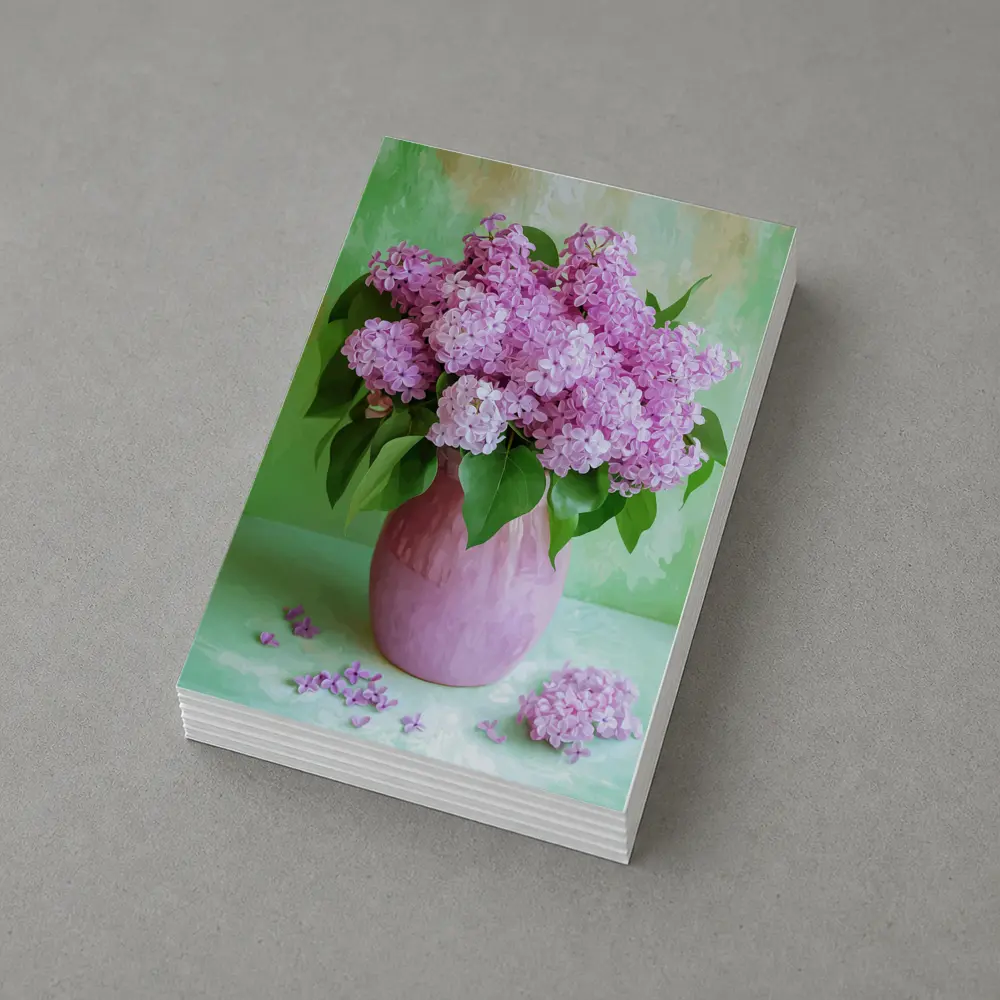 Pink Lilacs In Vase Green Background – Postcards