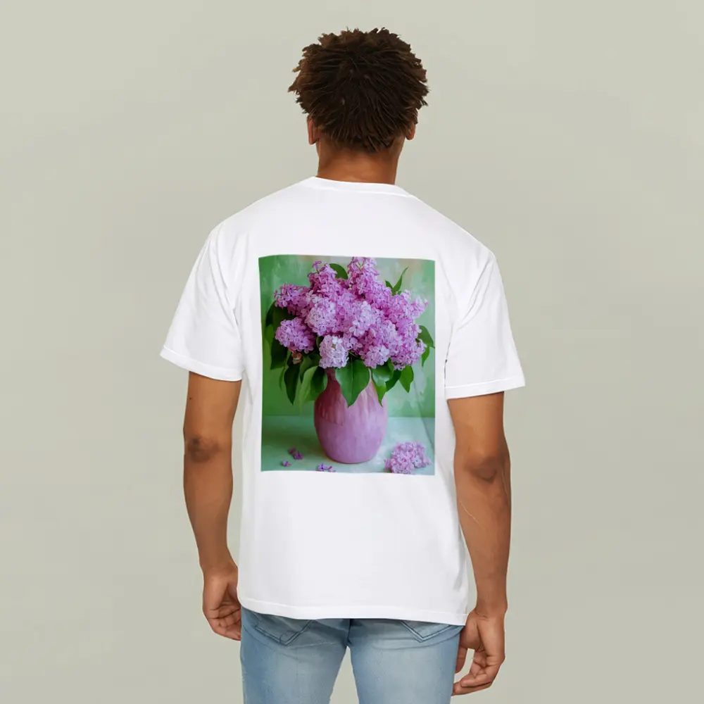 Pink Lilacs In Vase Green Background – T-Shirts