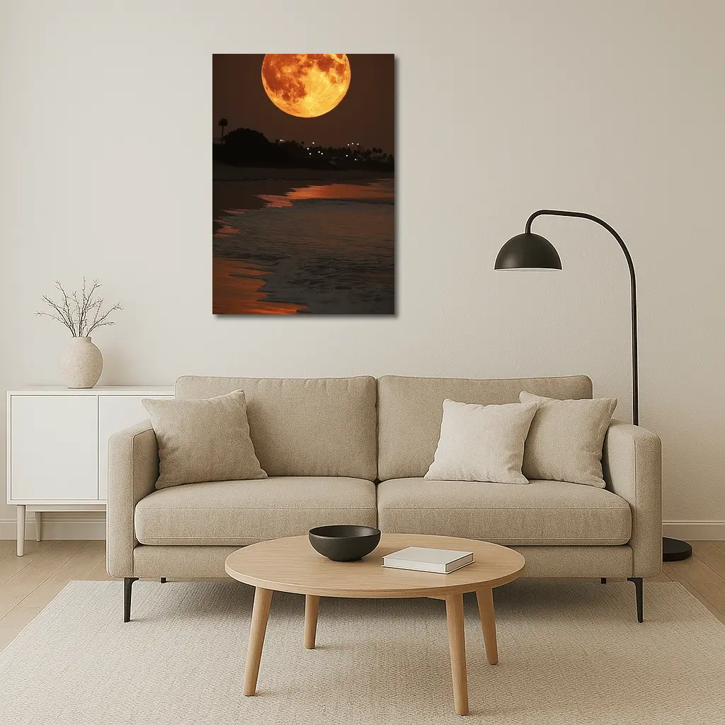 Full Moon Rising Over Coastal Beach Night – Wall Art