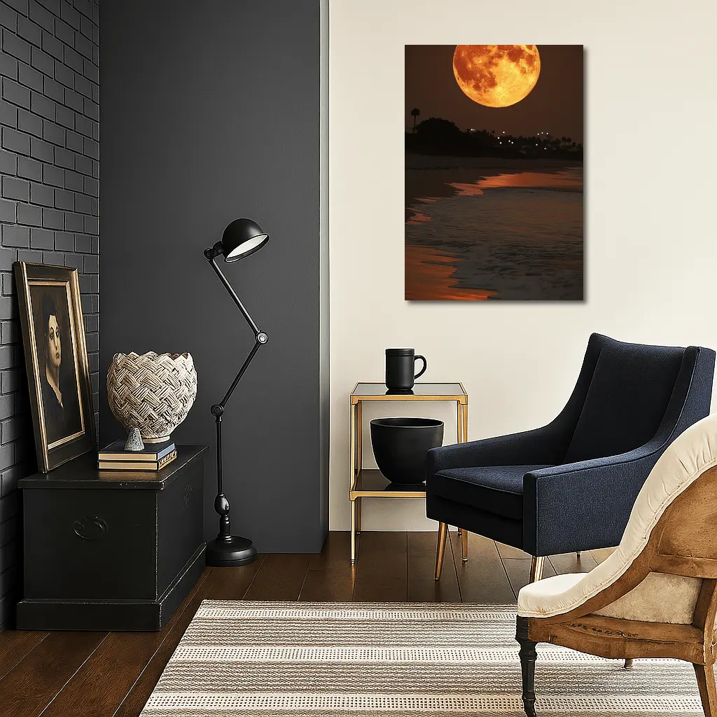 Full Moon Rising Over Coastal Beach Night – Wall Art