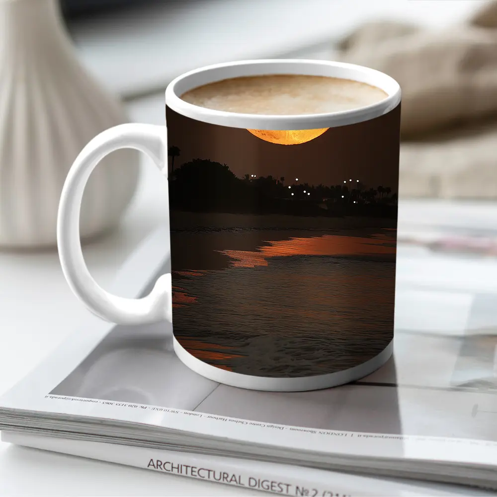 Full Moon Rising Over Coastal Beach Night – Mugs