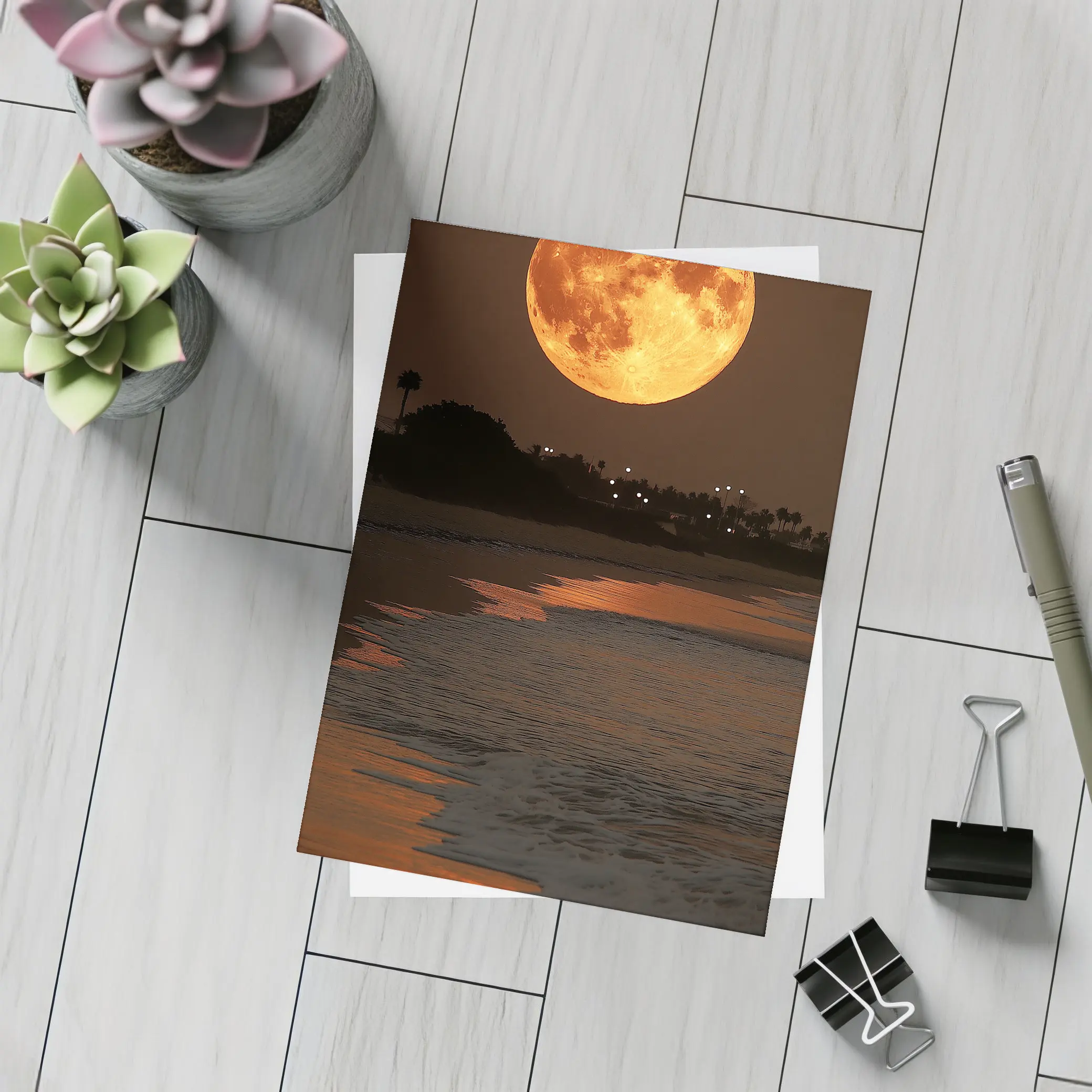 Full Moon Rising Over Coastal Beach Night – Postcards