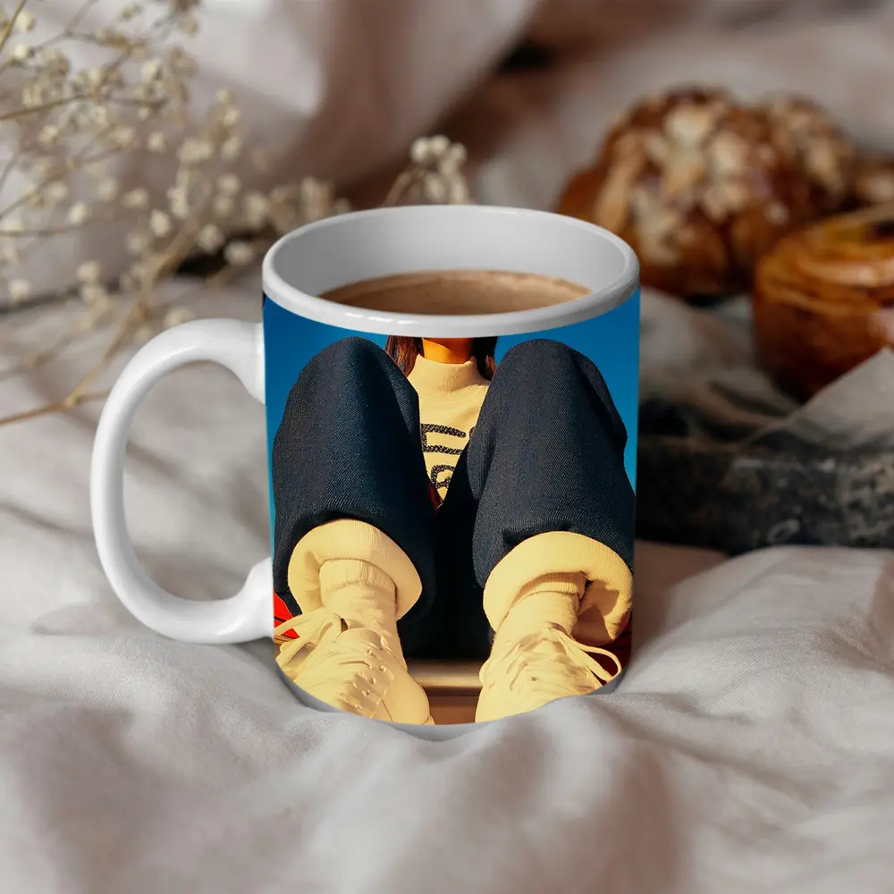 Stylish Woman Sitting on Red Car – Mugs