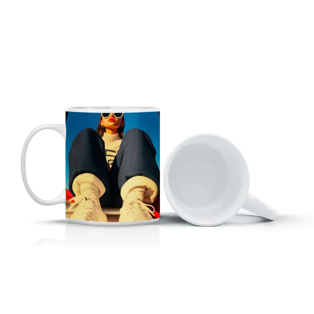 Stylish Woman Sitting on Red Car – Mugs
