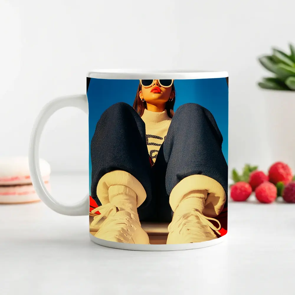 Stylish Woman Sitting on Red Car – Mugs