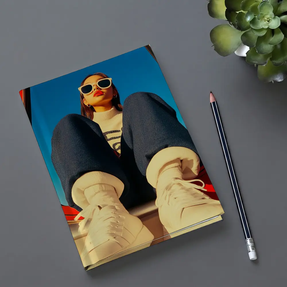 Stylish Woman Sitting on Red Car – Notebooks