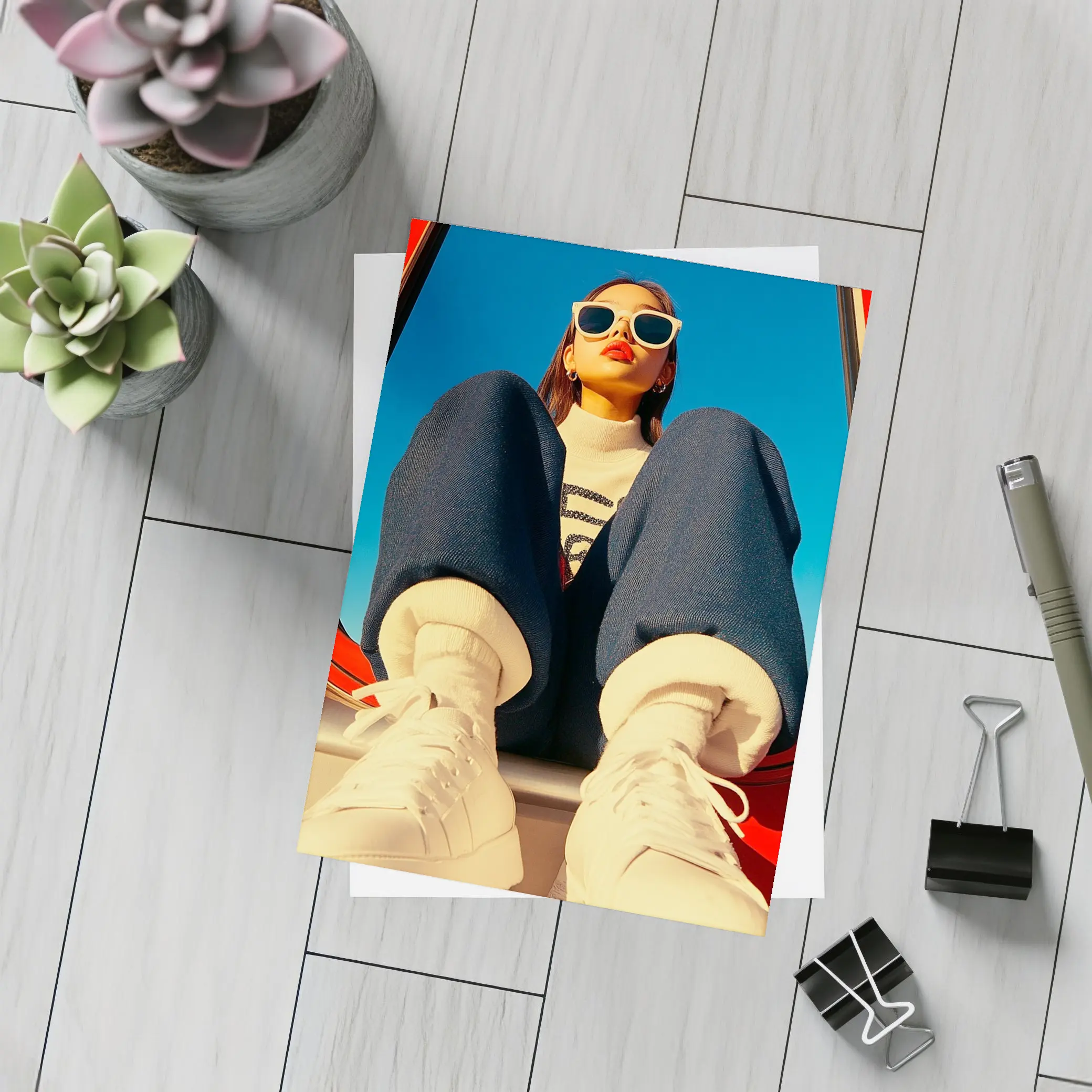 Stylish Woman Sitting on Red Car – Postcards