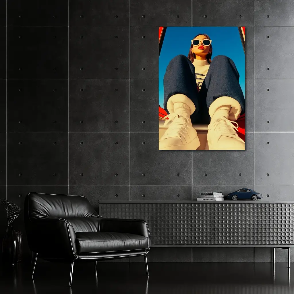 Stylish Woman Sitting on Red Car – Wall Art