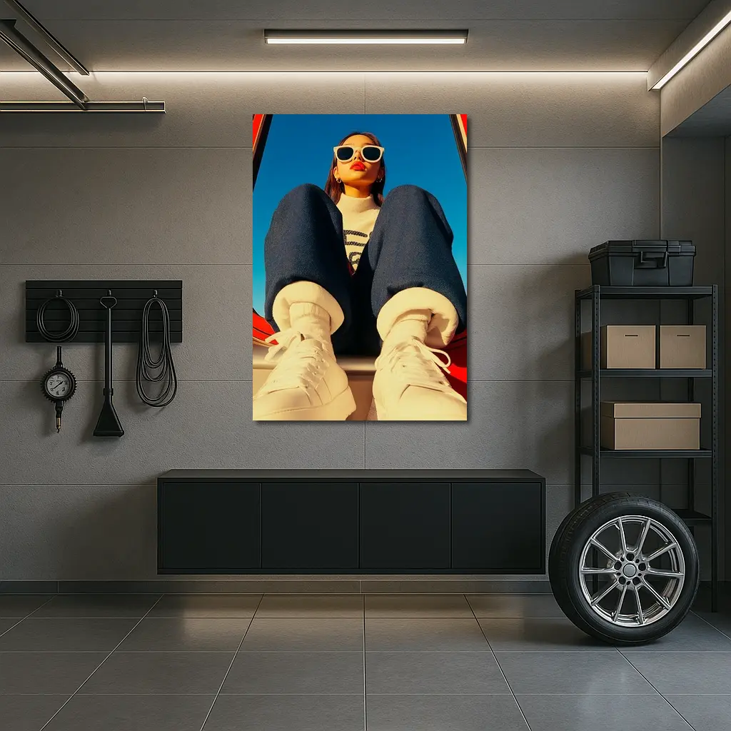Stylish Woman Sitting on Red Car – Wall Art