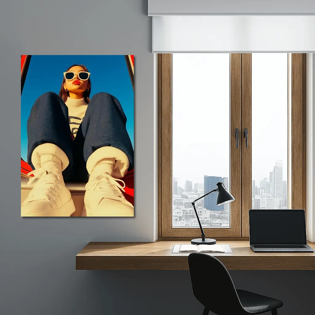 Stylish Woman Sitting on Red Car – Wall Art