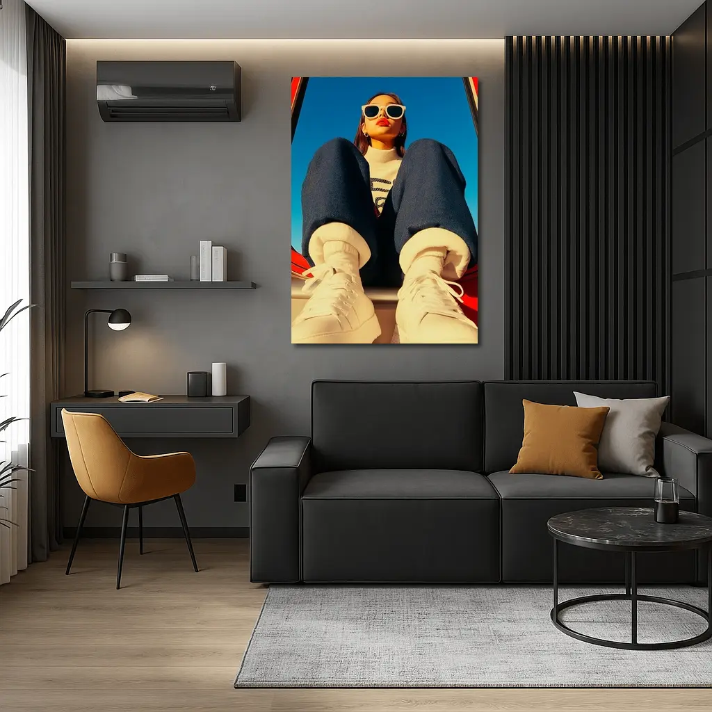 Stylish Woman Sitting on Red Car – Wall Art