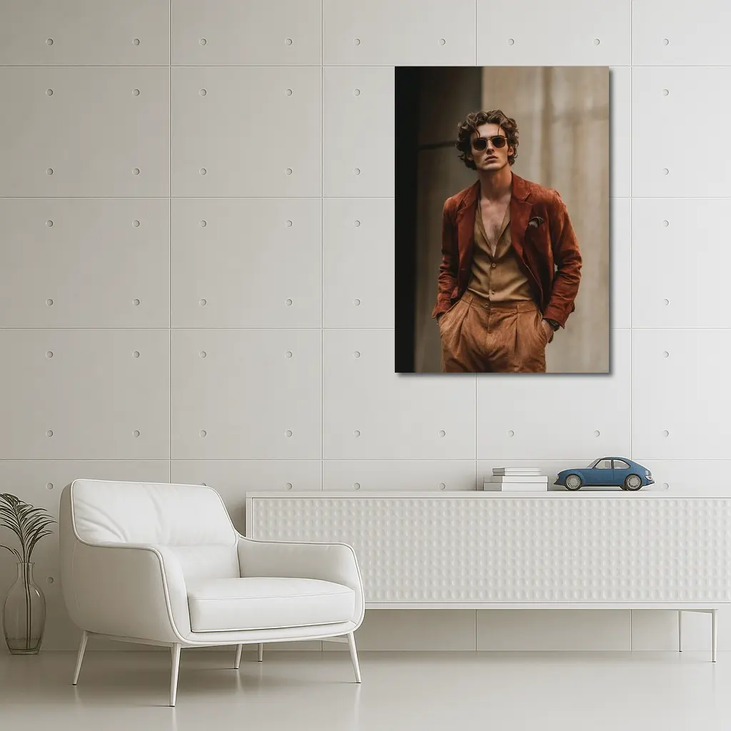 Stylish Man Rust Suede Jacket Urban Setting – Wall Art