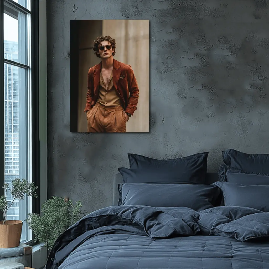 Stylish Man Rust Suede Jacket Urban Setting – Wall Art