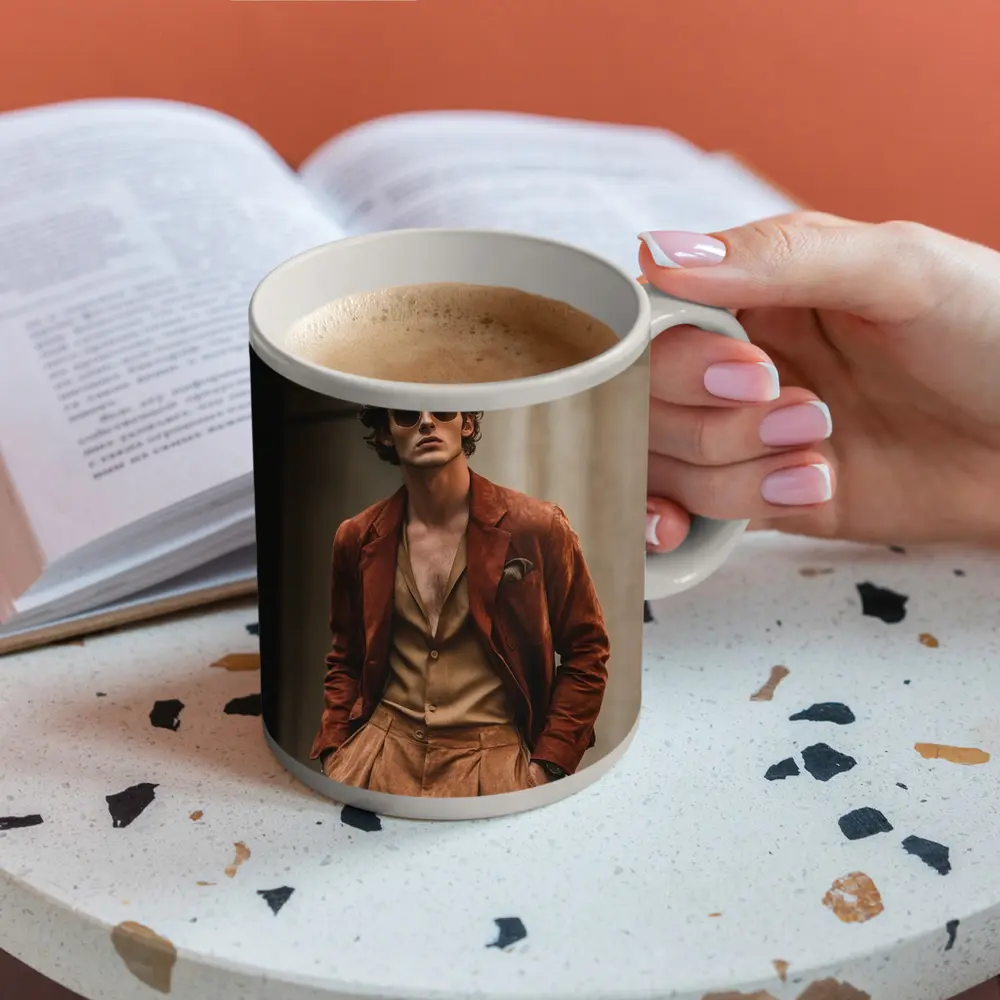 Stylish Man Rust Suede Jacket Urban Setting – Mugs