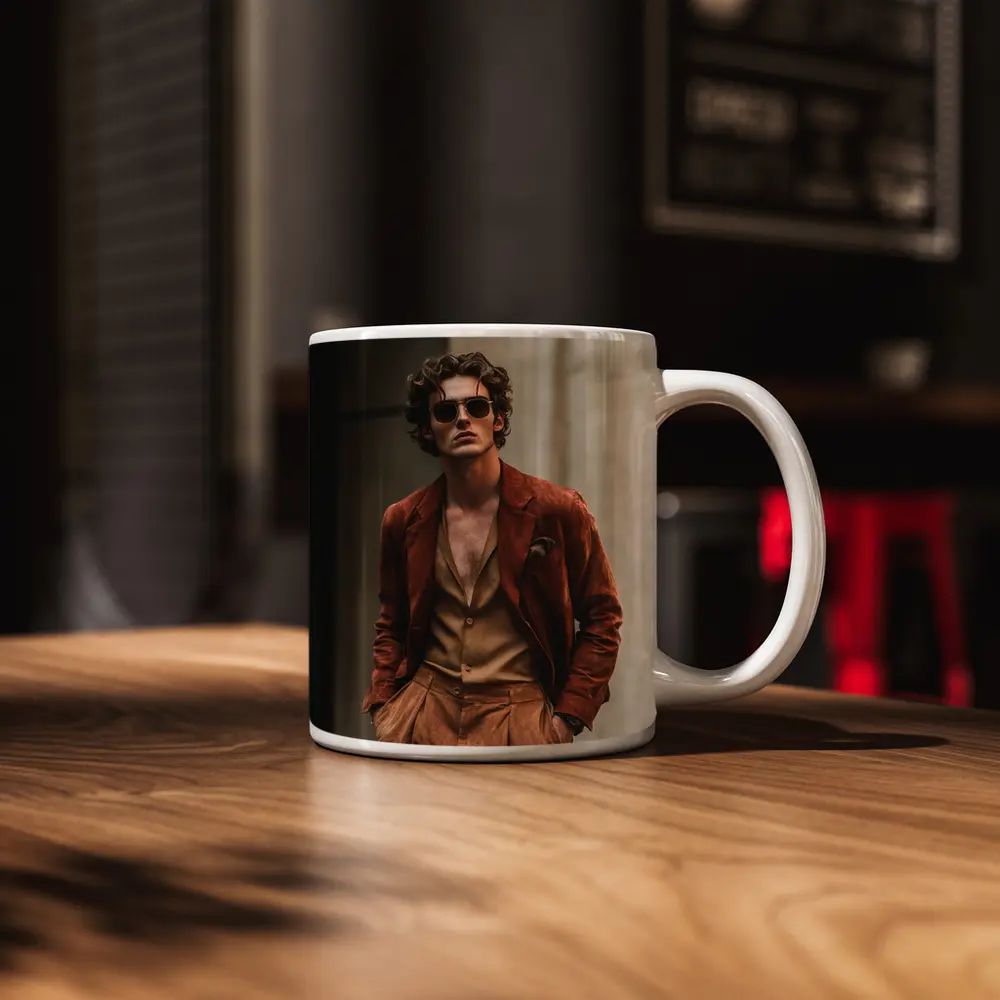 Stylish Man Rust Suede Jacket Urban Setting – Mugs