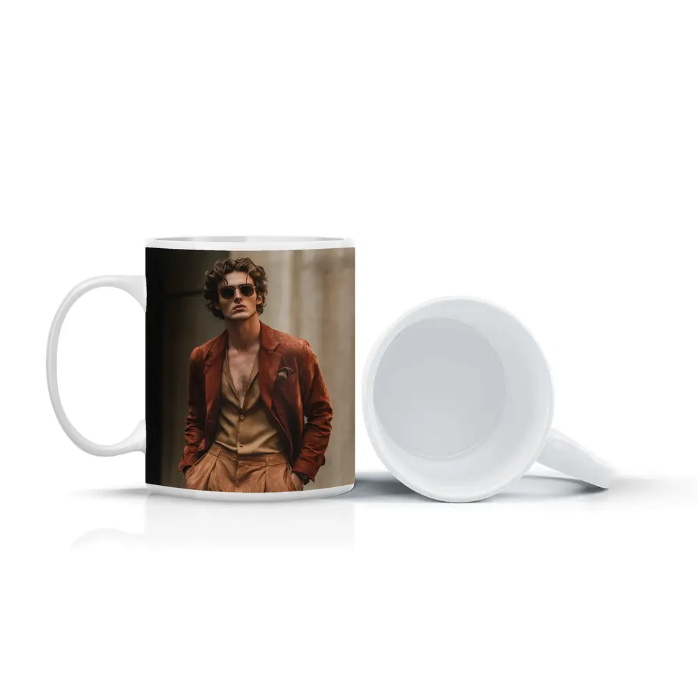 Stylish Man Rust Suede Jacket Urban Setting – Mugs