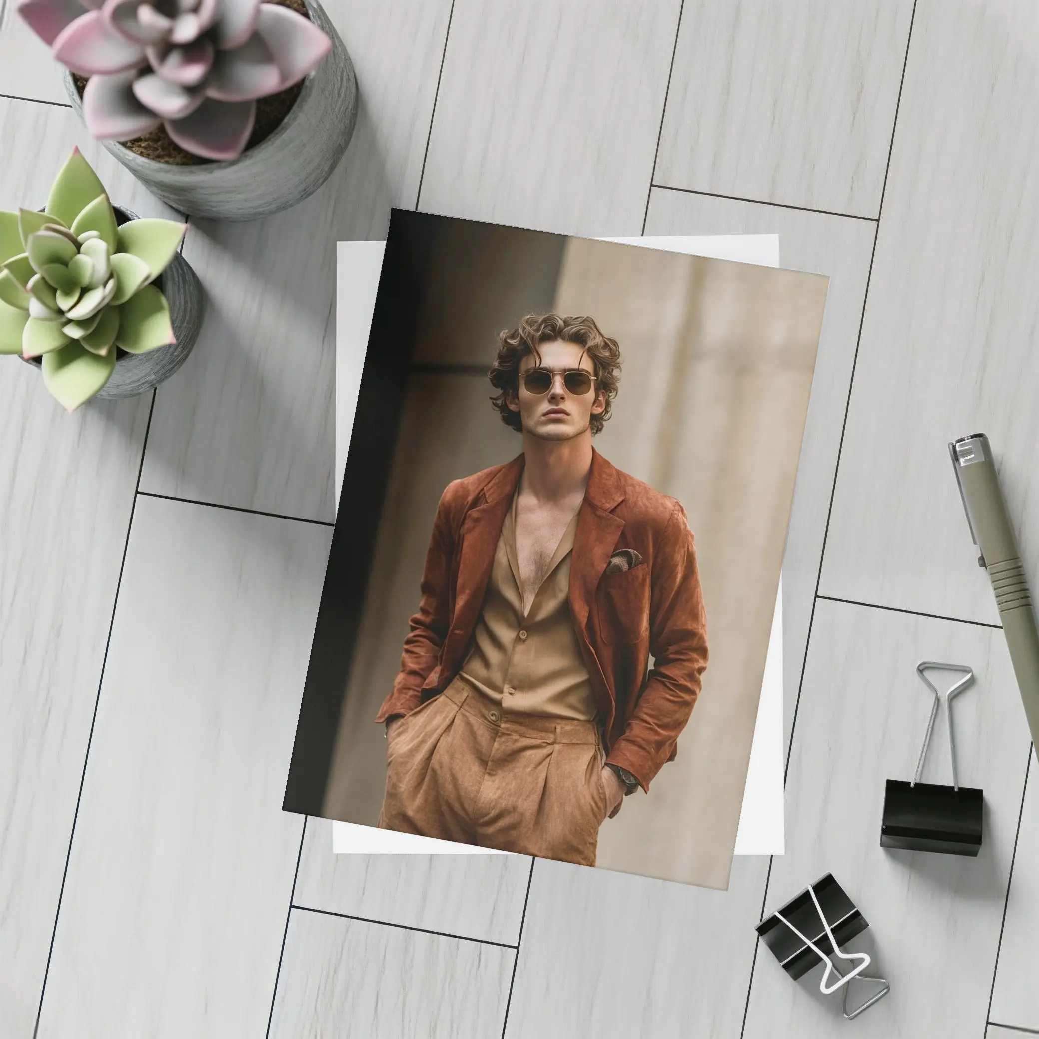 Stylish Man Rust Suede Jacket Urban Setting – Postcards