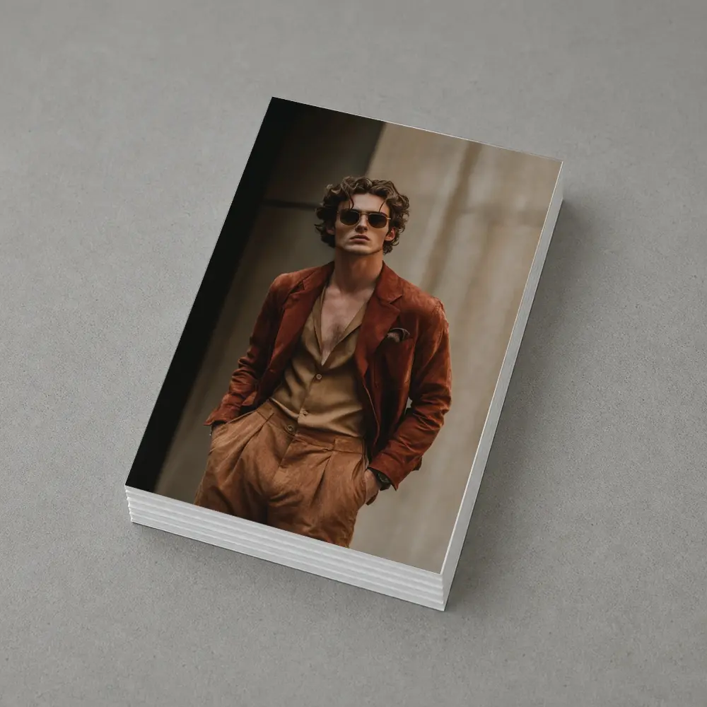 Stylish Man Rust Suede Jacket Urban Setting – Postcards
