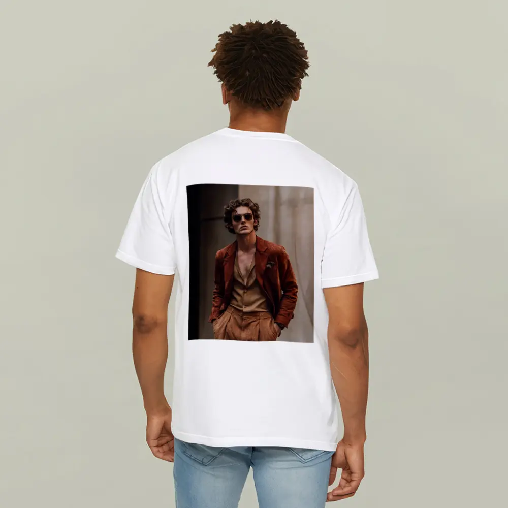Stylish Man Rust Suede Jacket Urban Setting – T-Shirts