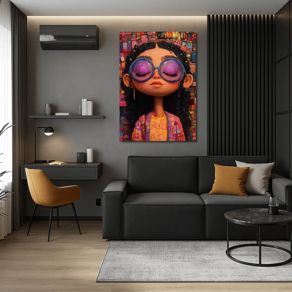 Cartoon Girl Big Sunglasses Colorful Collage Background – Wall Art