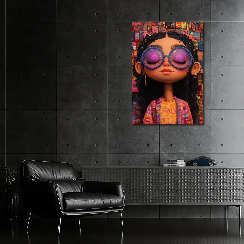 Cartoon Girl Big Sunglasses Colorful Collage Background – Wall Art