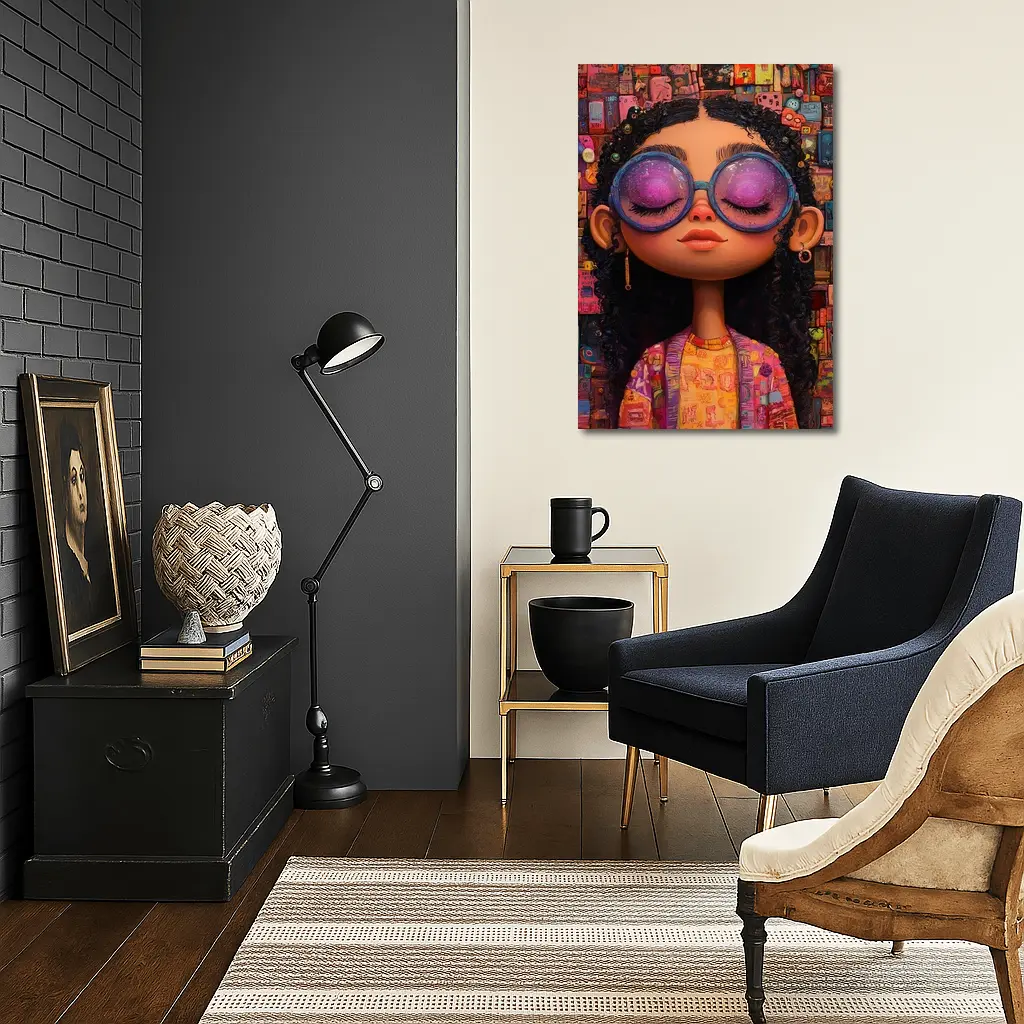 Cartoon Girl Big Sunglasses Colorful Collage Background – Wall Art