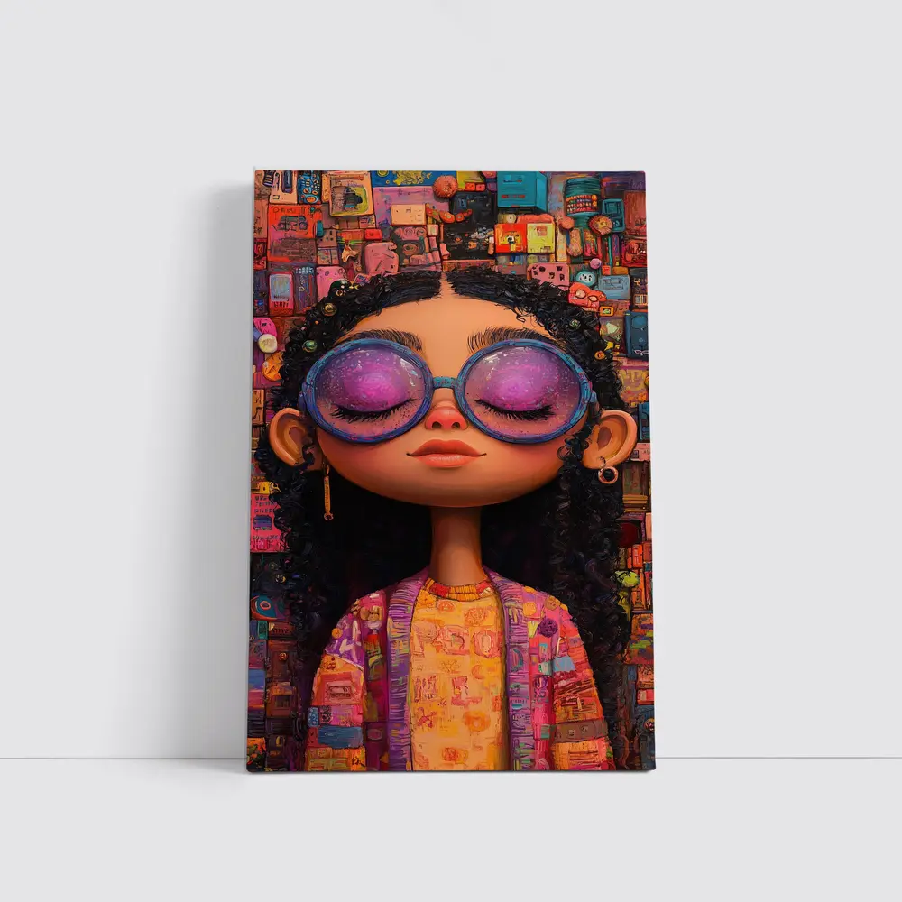 Cartoon Girl Big Sunglasses Colorful Collage Background – Wall Art