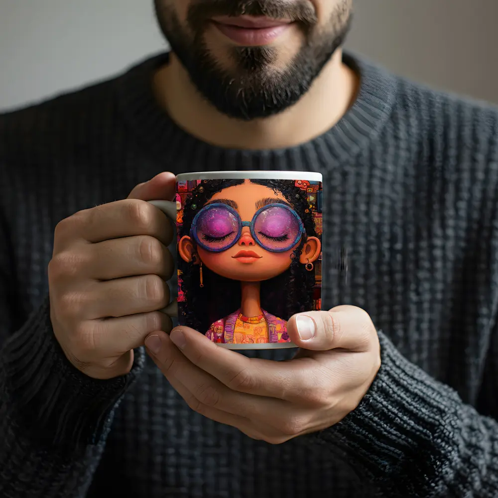 Cartoon Girl Big Sunglasses Colorful Collage Background – Mugs