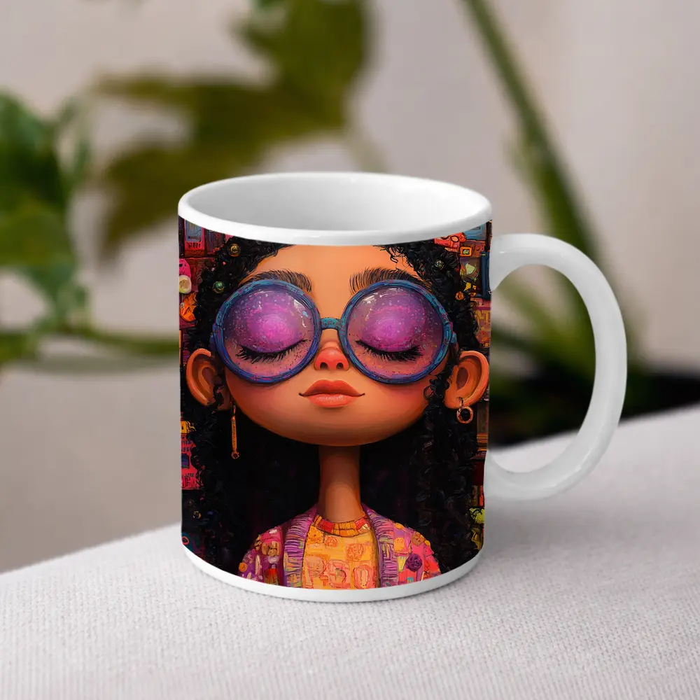 Cartoon Girl Big Sunglasses Colorful Collage Background – Mugs