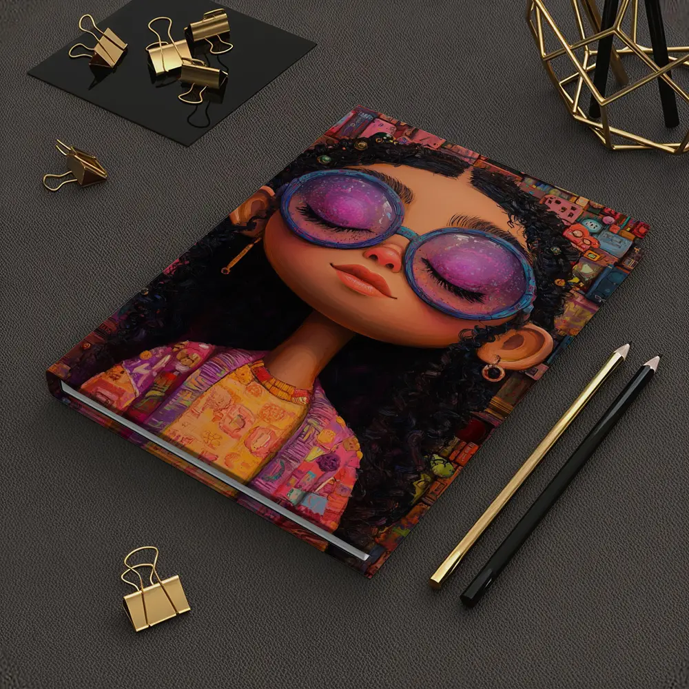 Cartoon Girl Big Sunglasses Colorful Collage Background – Notebooks