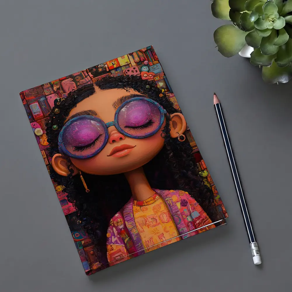 Cartoon Girl Big Sunglasses Colorful Collage Background – Notebooks