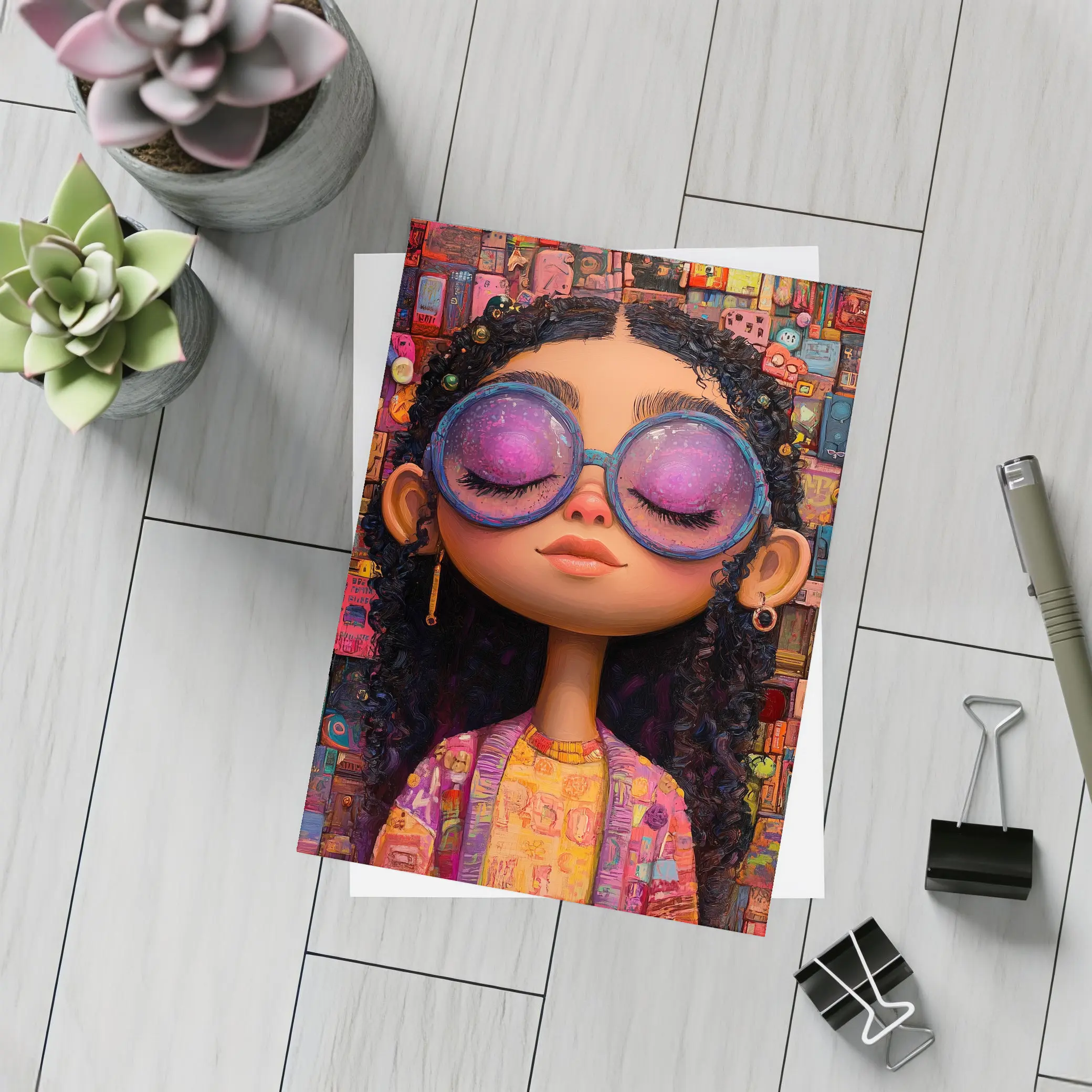 Cartoon Girl Big Sunglasses Colorful Collage Background – Postcards