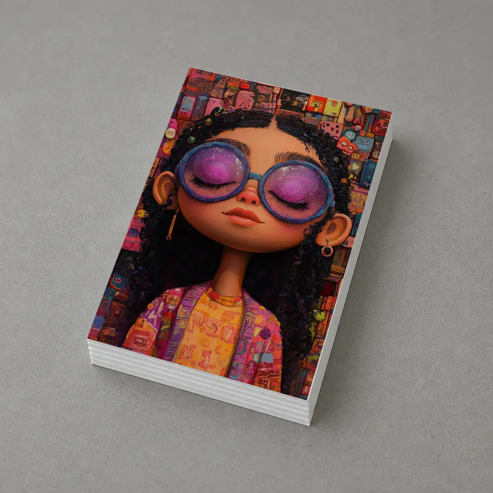 Cartoon Girl Big Sunglasses Colorful Collage Background – Postcards