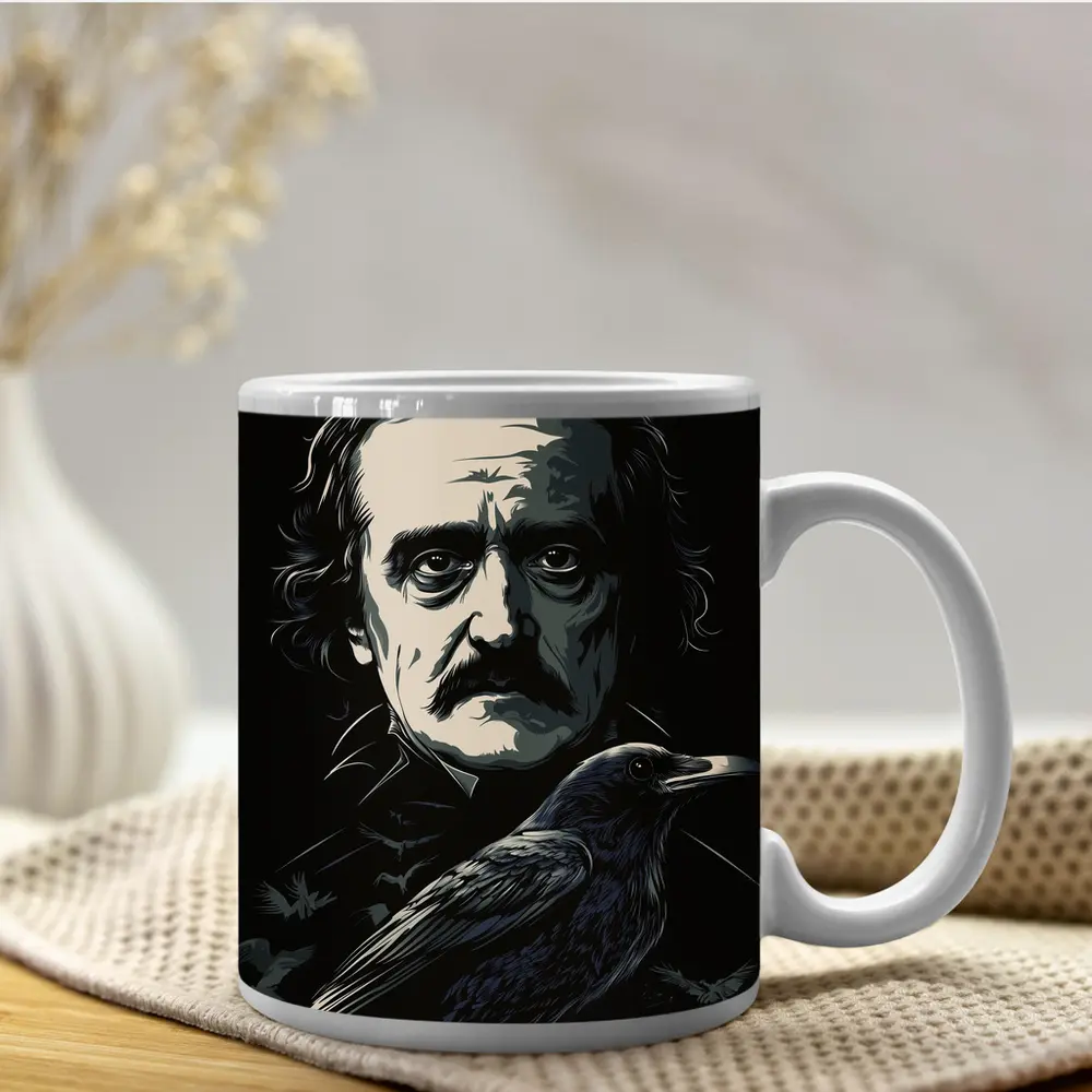 Edgar Allan Poe Dark Portrait With Raven – Mugs