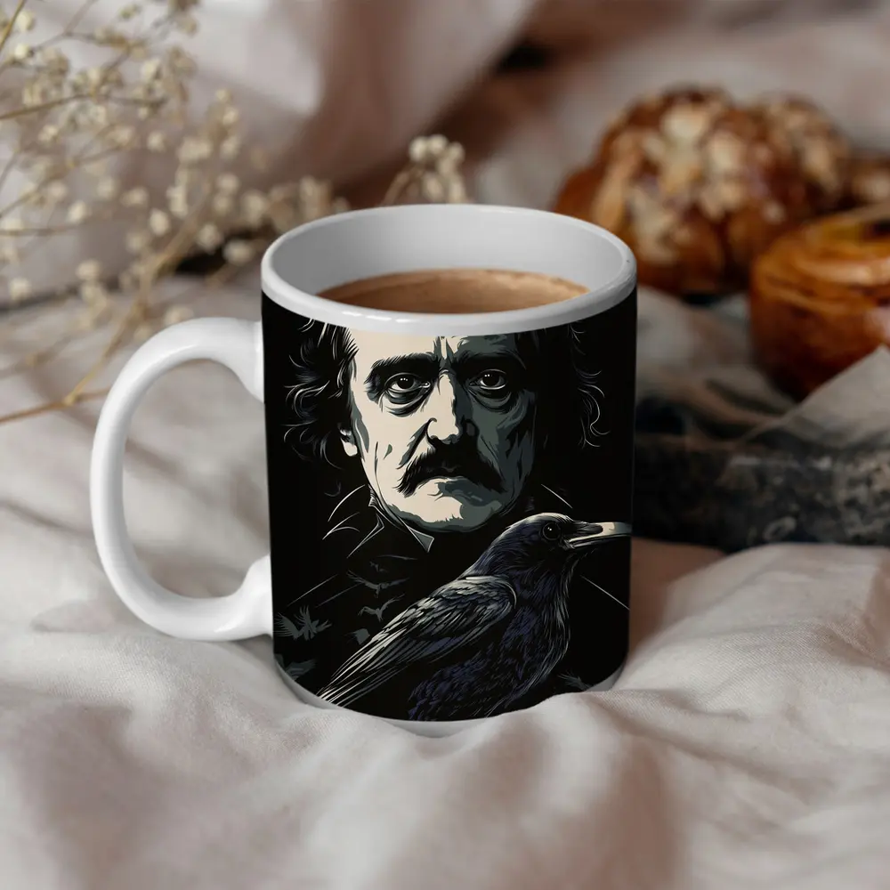 Edgar Allan Poe Dark Portrait With Raven – Mugs