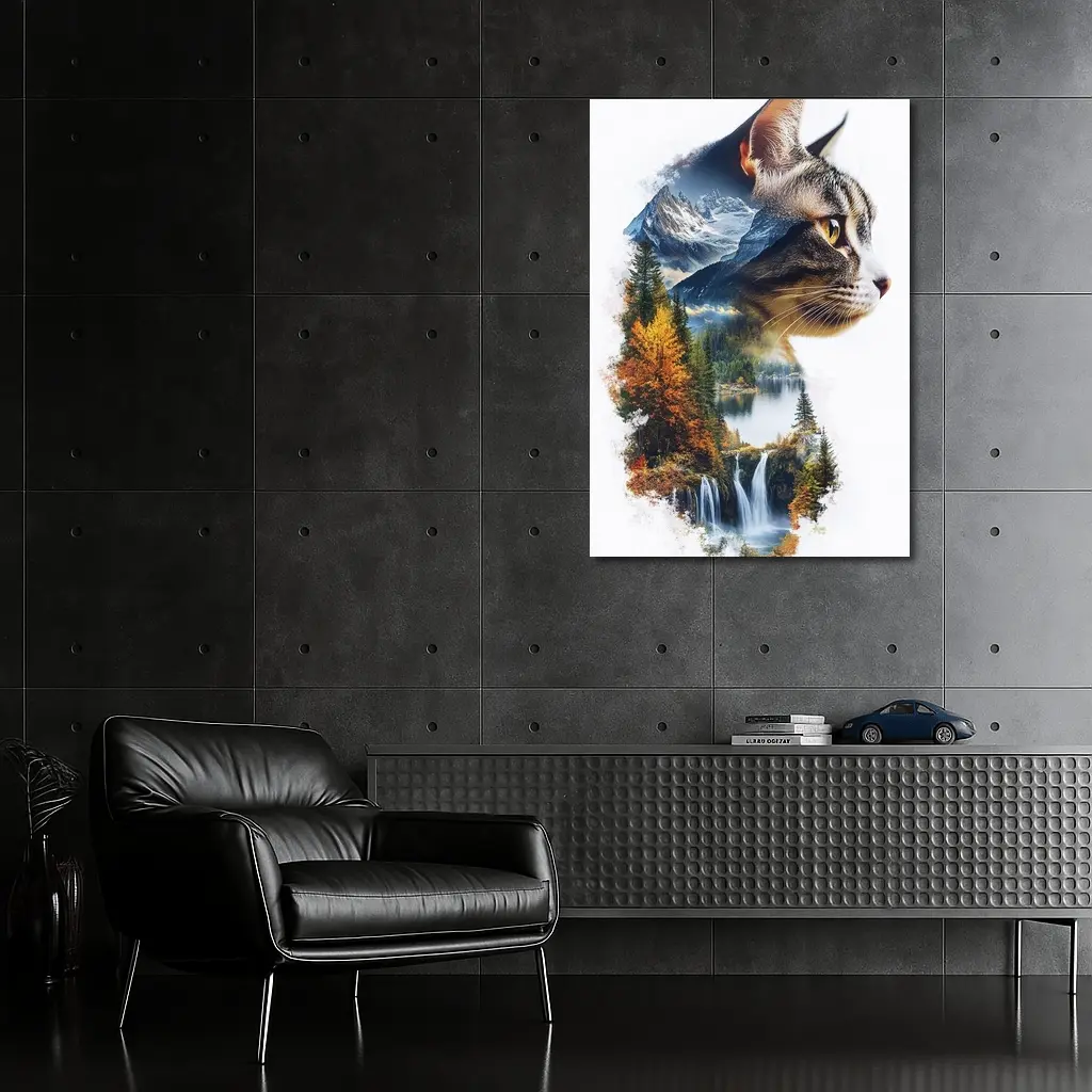 Tabby Cat Double Exposure Nature Waterfall – Wall Art