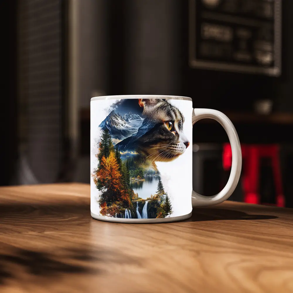 Tabby Cat Double Exposure Nature Waterfall – Mugs