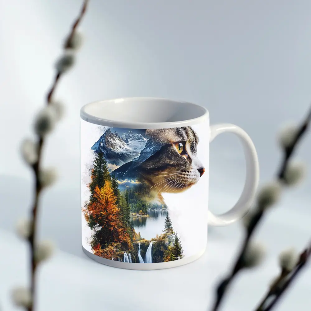 Tabby Cat Double Exposure Nature Waterfall – Mugs