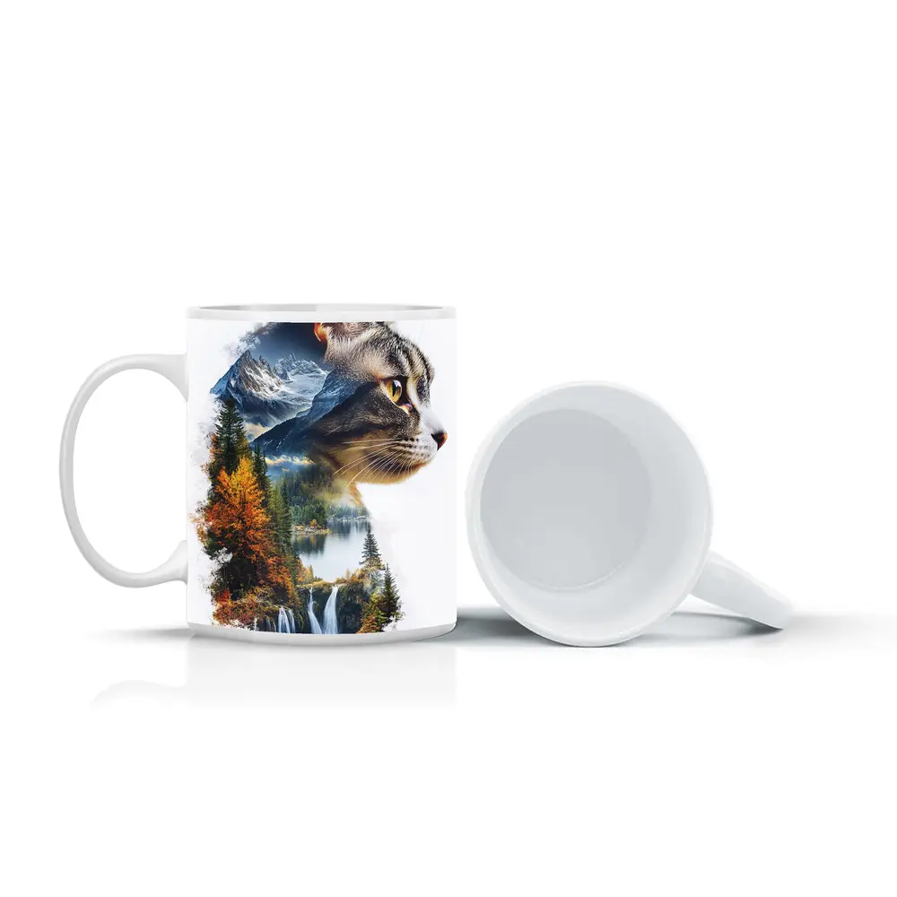 Tabby Cat Double Exposure Nature Waterfall – Mugs