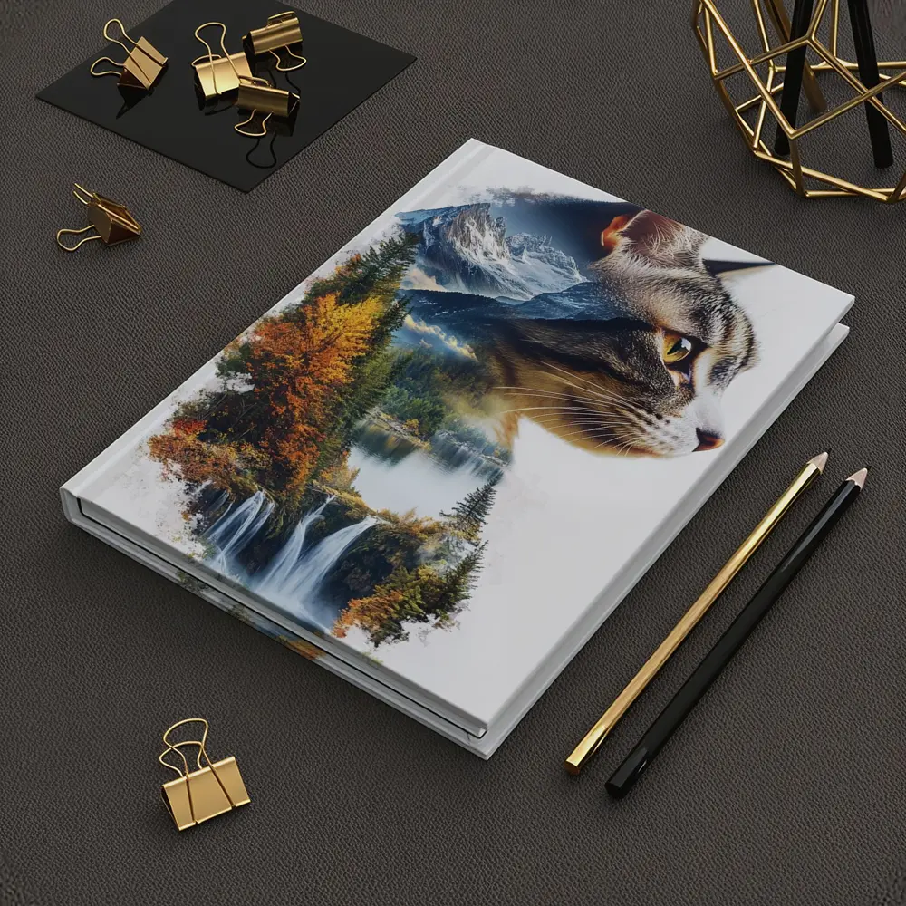 Tabby Cat Double Exposure Nature Waterfall – Notebooks