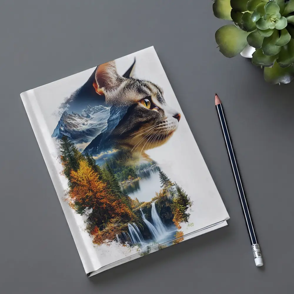 Tabby Cat Double Exposure Nature Waterfall – Notebooks