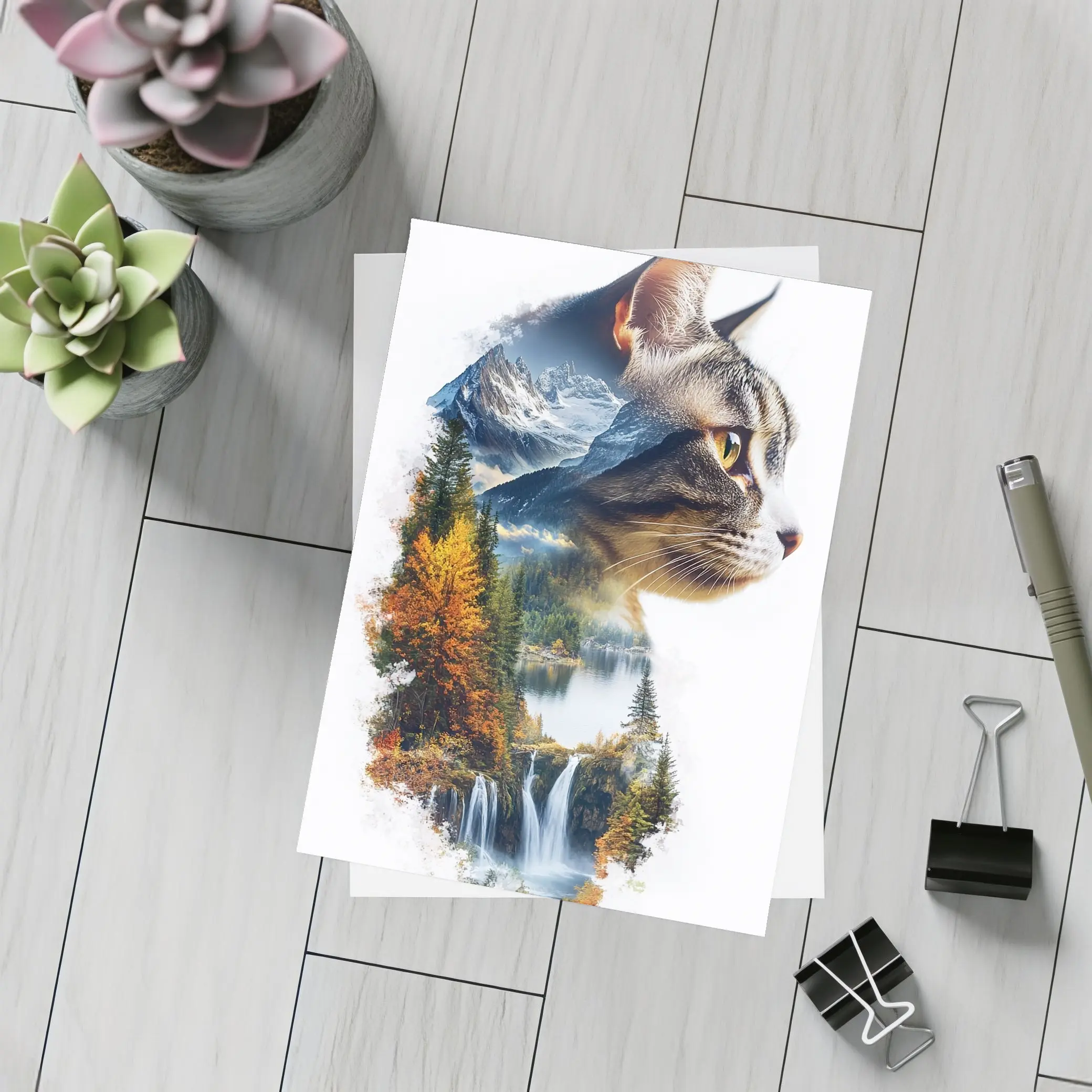 Tabby Cat Double Exposure Nature Waterfall – Postcards